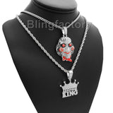 Hip Hop Iced Saw & Crowned King Pendant & 20" 24" Rope, Cuban Chain Necklace Set