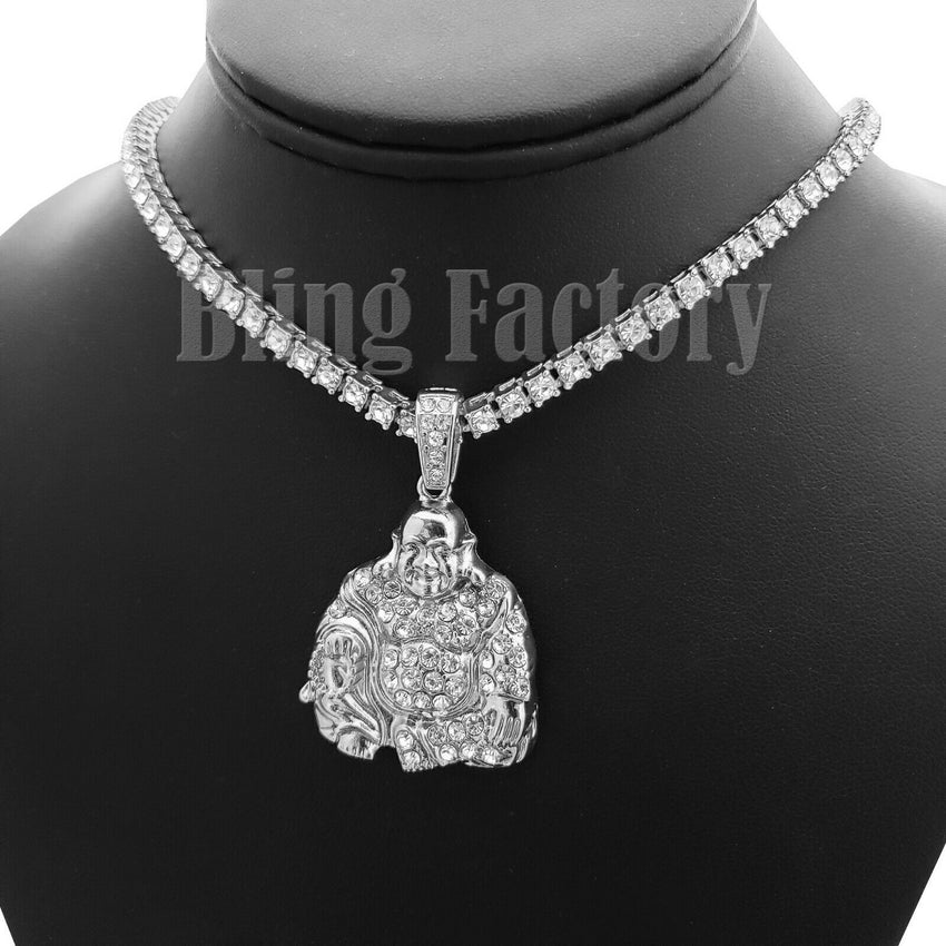 Hip Hop Happy Buddha Pendant & 18" Full Iced Cuban & 1 ROW Tennis Choker Chain Necklace Set