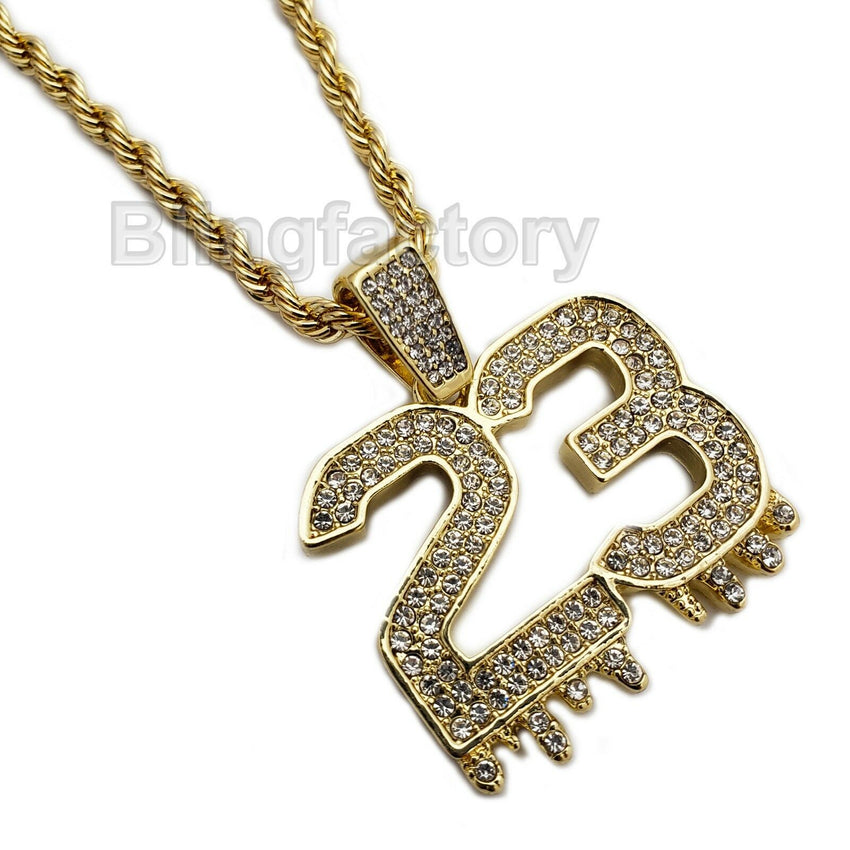 Hip Hop Iced out Lab Diamond Number 23 Drip Pendant, 4mm 24" Rope Chain Necklace