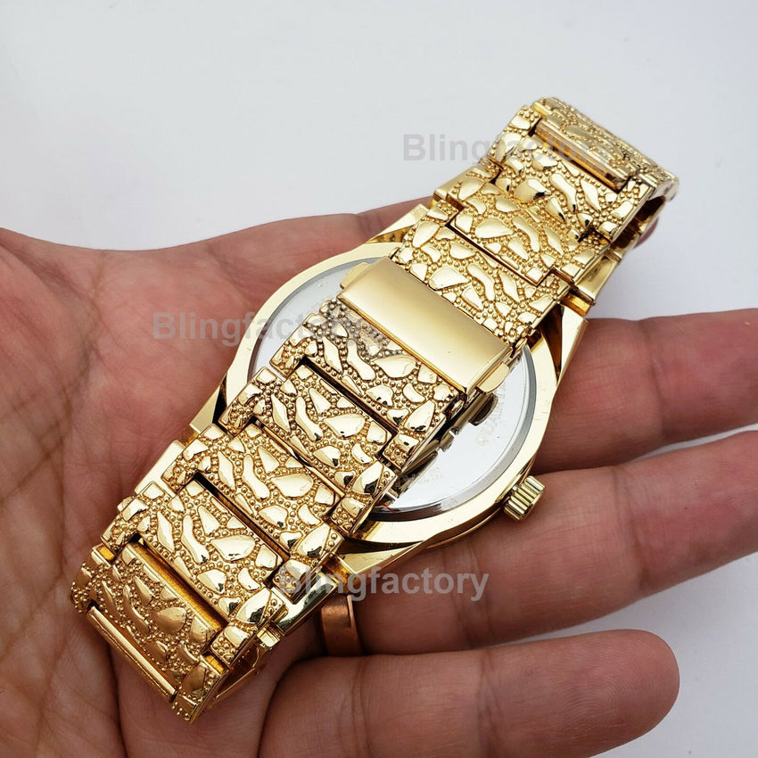 ICED OUT HIP HOP GOLD PT URBAN STYLE GOLDEN NUGGET WATCH & NECKLACE COMBO SET