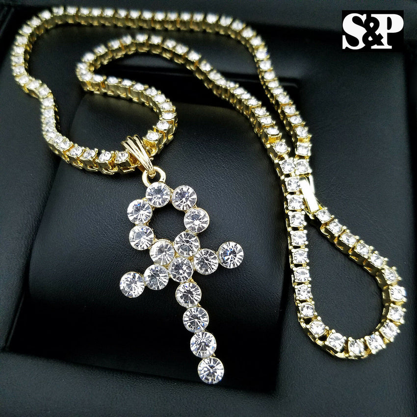 Hip Hop Iced Out Lab Diamond Watch & Ankh pendant 1 Row Tennis Chain Combo Set