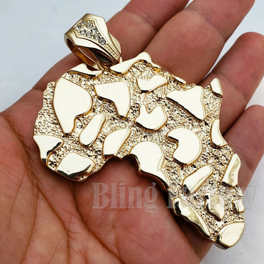 HIP HOP GOLD PLATED GOLDEN NUGGET LARGE AFRICA MAP CHARM PENDANT