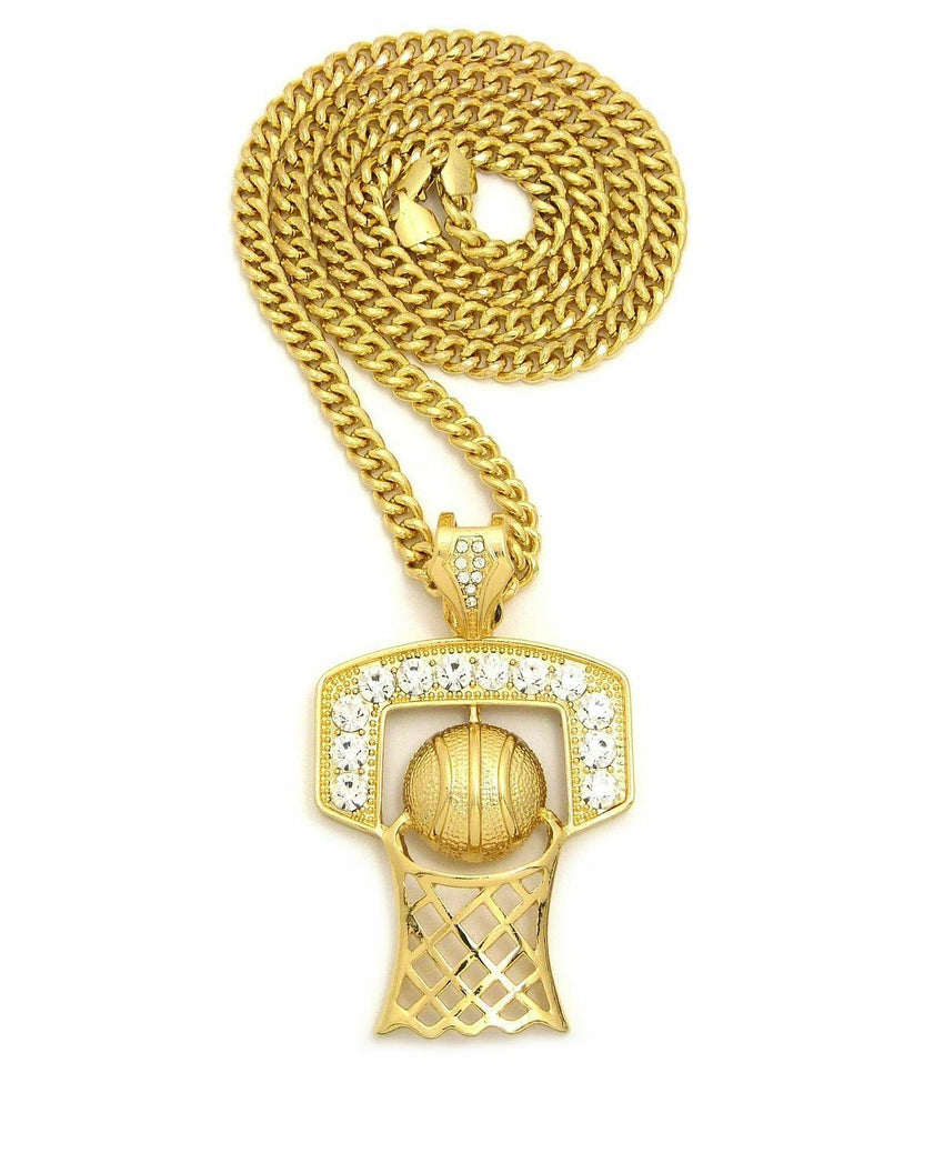 Hip Hop Iced Hollow Basketball Hoops Pendant & 6mm 30" Cuban Chain Necklace