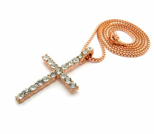 NEW ICED OUT ROSE GOLD PLATED CZ CROSS PENDANT & 24