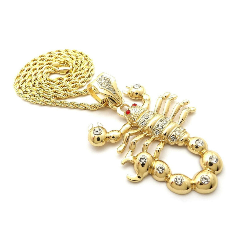 HIP HOP ICED OUT 14K GOLD PLATED SCORPION PENDANT & 4mm 24" ROPE CHAIN NECKLACE
