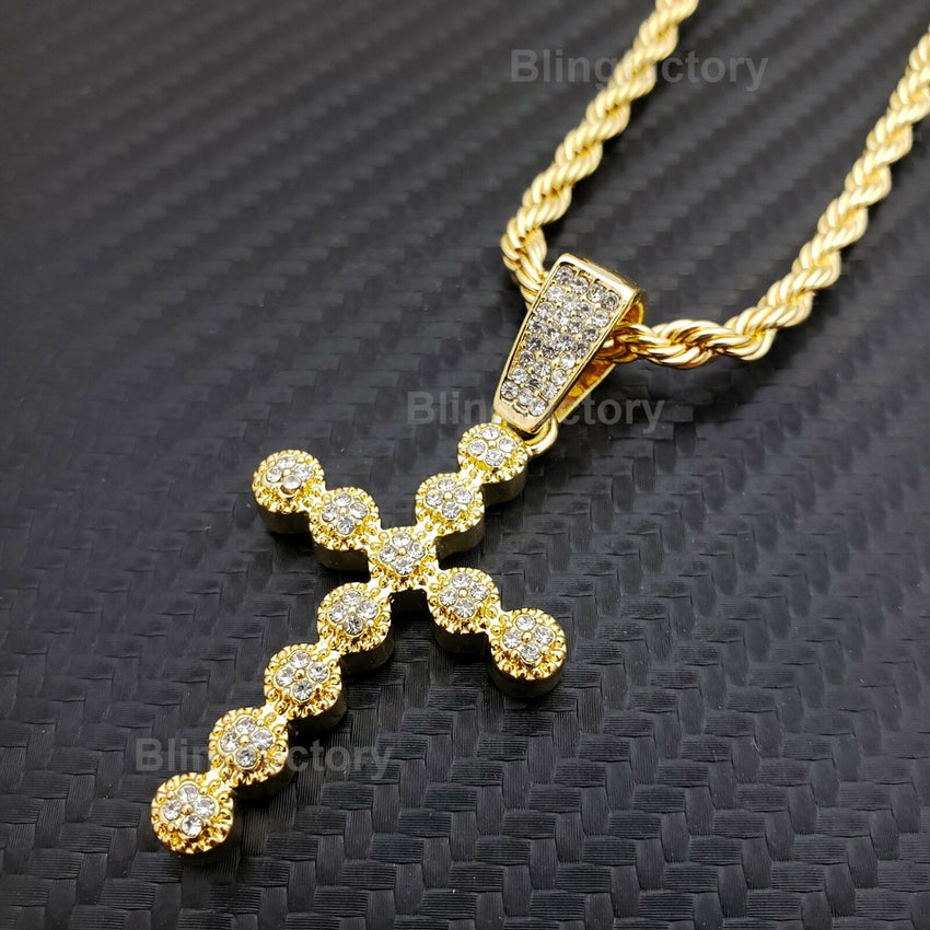 Hip Hop Iced out Bubble style Cross Pendant & 4mm 24" Rope Chain Necklace