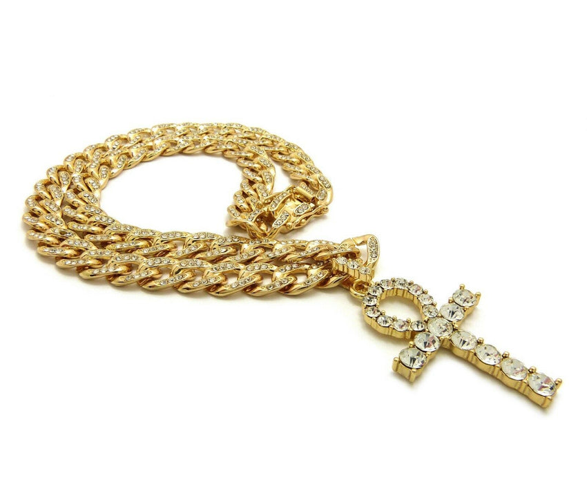 Iced out Ankh Cross Pendant & 18" 20" 22" 24" CZ Cuban Choker Chain Necklace