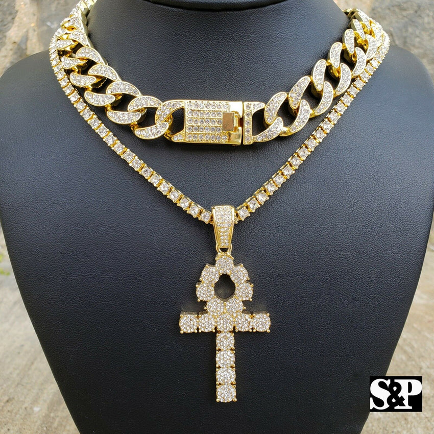 Hip Hop Ankh Cross Pendant & 18" Full Iced Cuban & 1 ROW Tennis Choker Chain Necklace Set