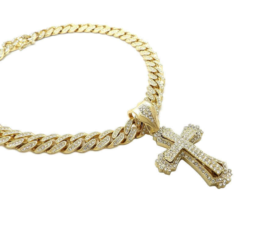 Hip Hop Gold Plated Cross Pendant & 12mm 20" Iced Box Lock Cuban Choker Chain Necklace