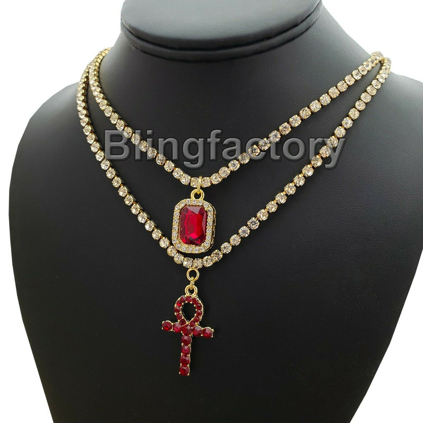 Iced Out Ruby & Ankh Cross Pendant w/ 3mm 16" & 18" 1 Row Tennis Chain Necklace