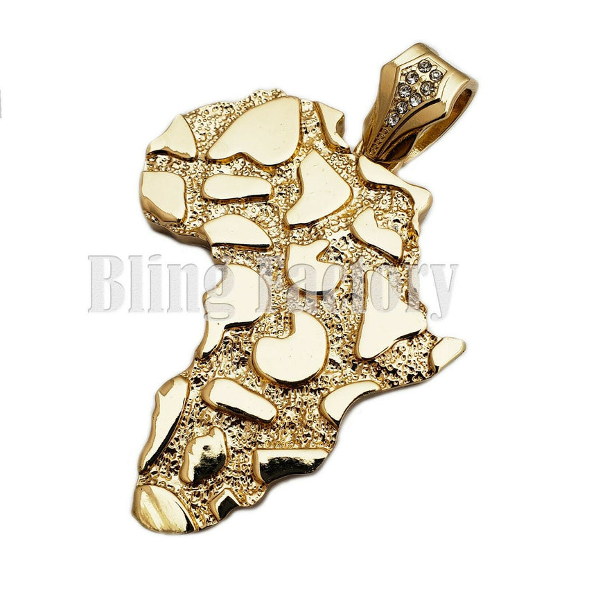 Hip Hop Golden Nugget Africa Map Pendant & 18" Iced Cuban Choker Chain Necklace Set
