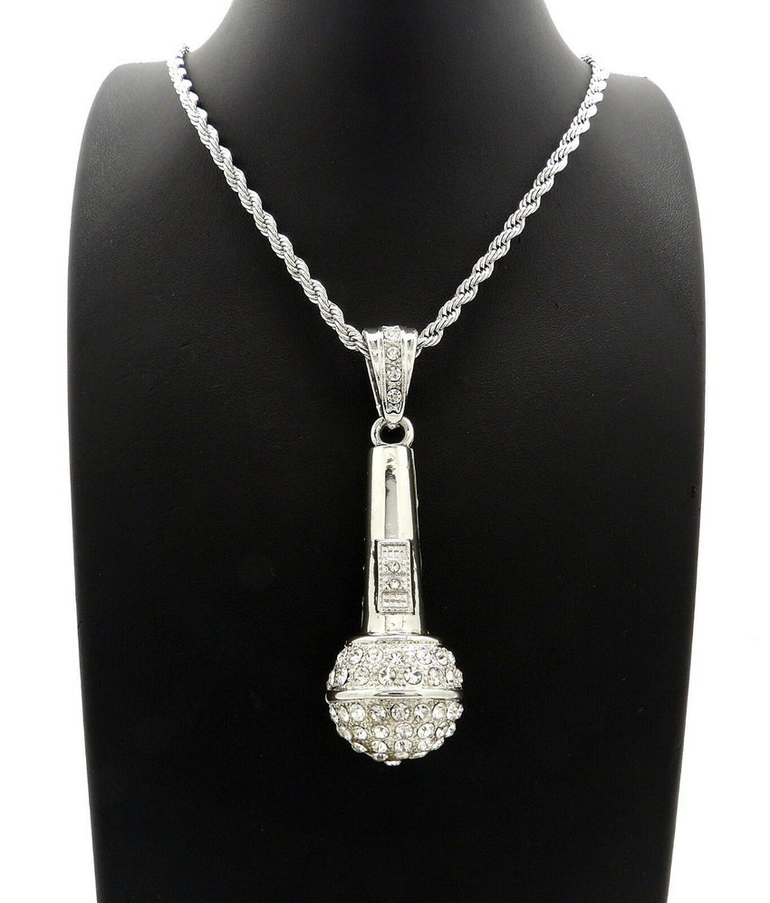 HIP HOP ICED OUT SILVER PLATED MICRO PHONE PENDANT & 4mm 24" ROPE CHAIN NECKLACE