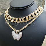 Hip Hop Bubble Letter "W" & 18" Full Iced Cuban & 1 Row Tennis Choker Chain Necklace Set