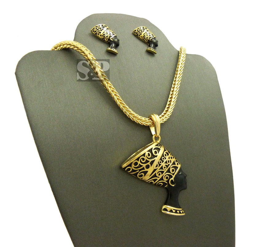 WOMEN'S NEFERTITI PENDANT & FRANCO CHAIN FASHION NECKLACE & EARRING COMBO SET