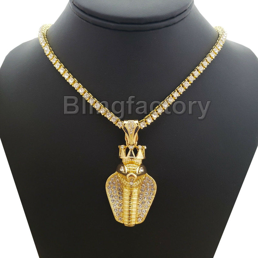 Hip Hop Iced out King Crowned Cobra Pendant & 18" 1 Row Tennis Choker Chain Necklace