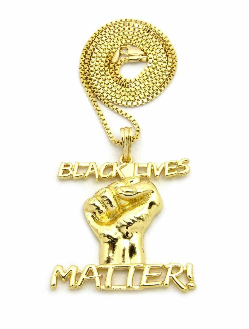 HIP HOP BLING GOLD PLATED 'BLACK LIVES MATTER' PENDANT & 24" BOX CHAIN NECKLACE