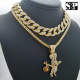 Hip Hop DOUGH BOY Pendant w/ 16" Full Iced Cuban & 1 ROW Tennis Choker Chain Necklace Set
