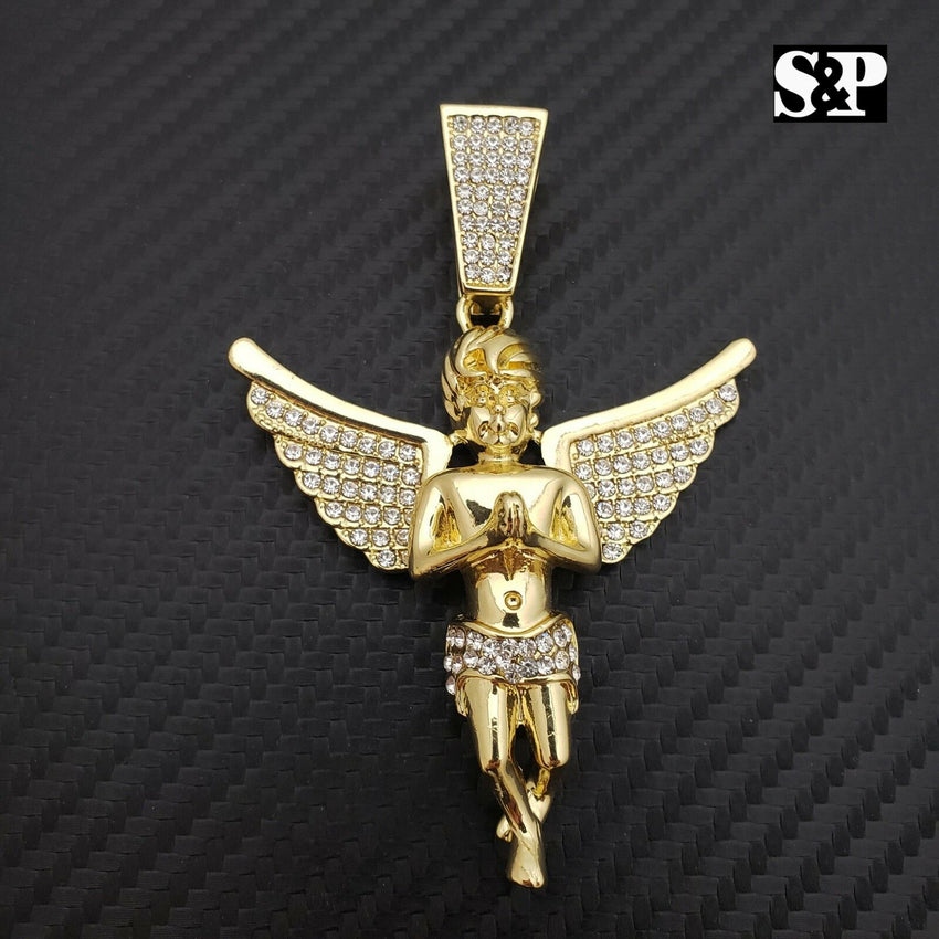 HIP HOP ICED OUT RAPPER STYLE LAB DIAMOND GOLD PLATED BABY ANGEL LARGE PENDANT