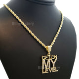 Hip Hop Iced out "GET ON MY LEVEL" Pendant & 4mm 24" Rope Chain Necklace