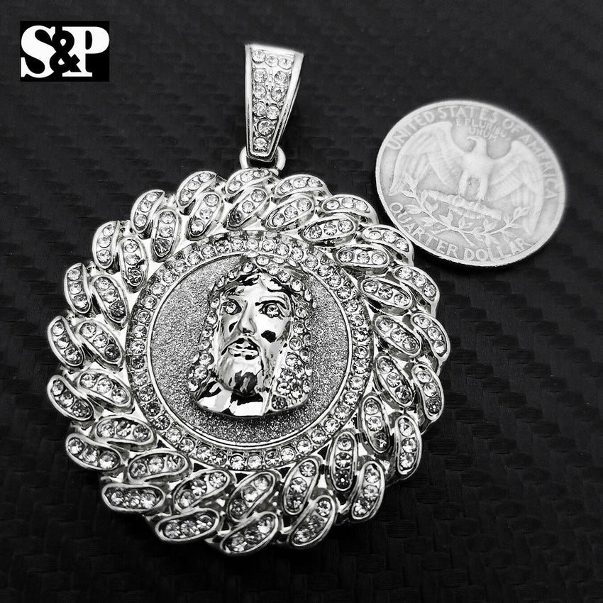 HIP HOP ICED OUT LAB DIAMOND SILVER PLATED UNIQUE STYLE JESUS FACE ROUND PENDANT