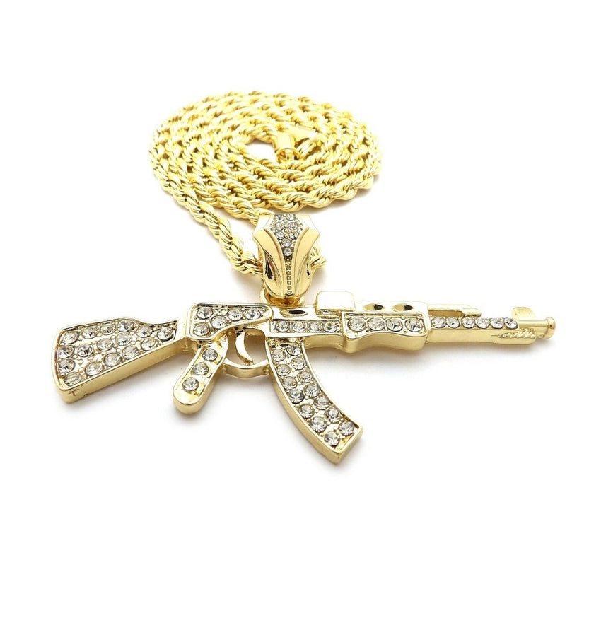 HIP HOP ICED GOLD PT AK45 MACHINE GUN PENDANT & 4mm 24" ROPE CHAIN NECKLACE