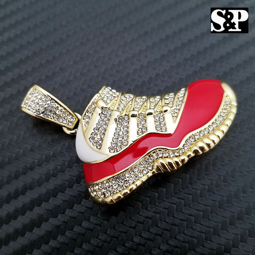 Men's Iced out 14K Gold Plated Hip Hop Lab Diamonds Red Retro 11 Shoe Pendant