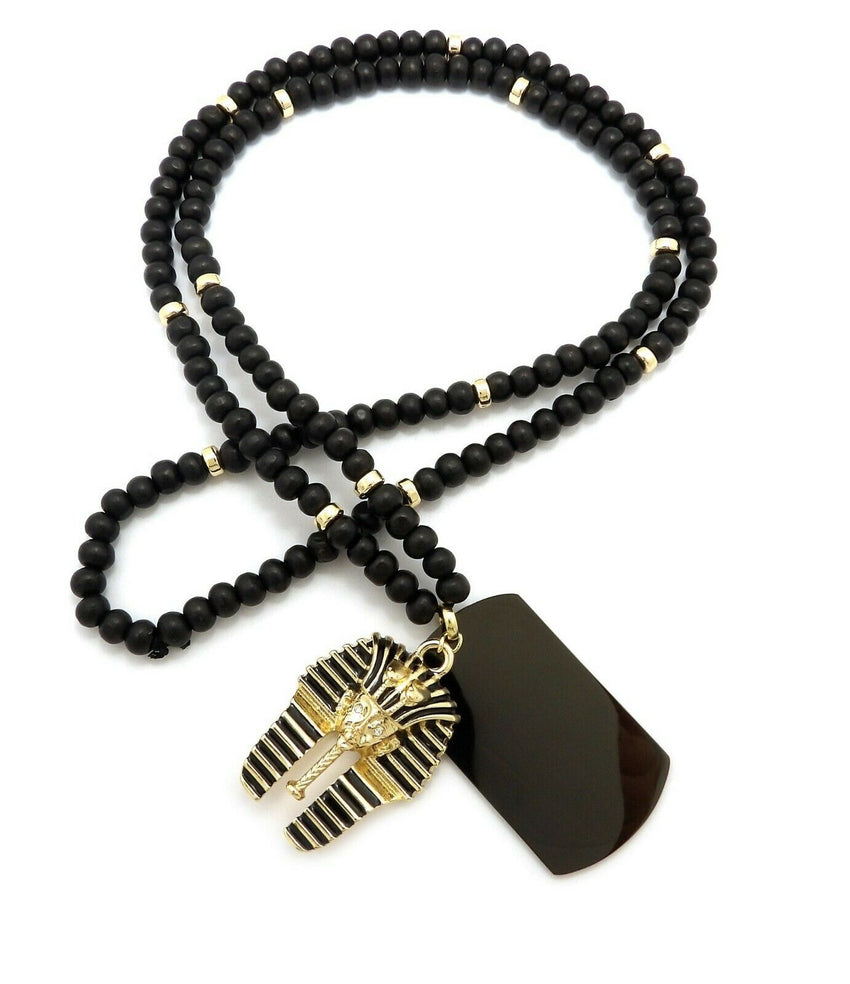 Hip Hop Iced Egyptian King Tut & Dog Tag Pendant w/ 6mm 30" Wooden Bead Necklace