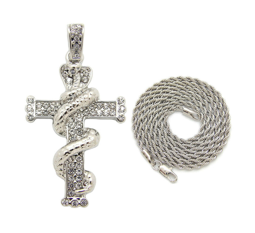 Iced Out Snake wrapped Cross Pendant 24" Box, Cuban, Rope Chain Hip Hop Necklace