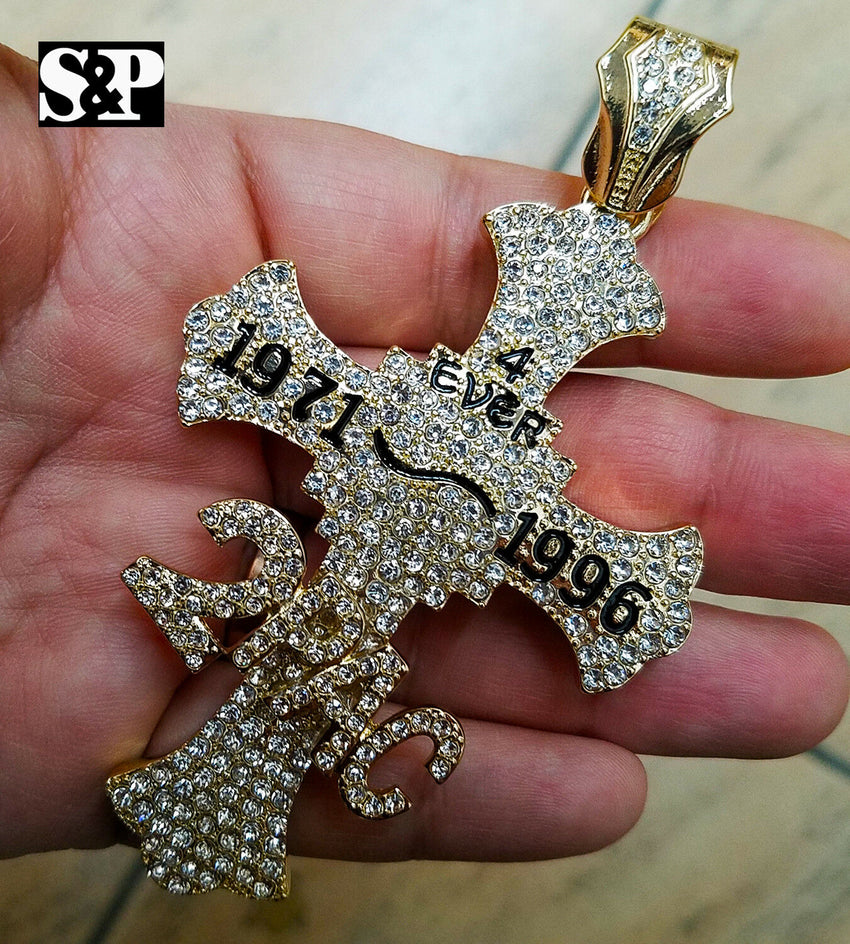 HIP HOP FULL ICED OUT GOLD PLATED RAPPER 2PAC CROSS LARGE PENDANT