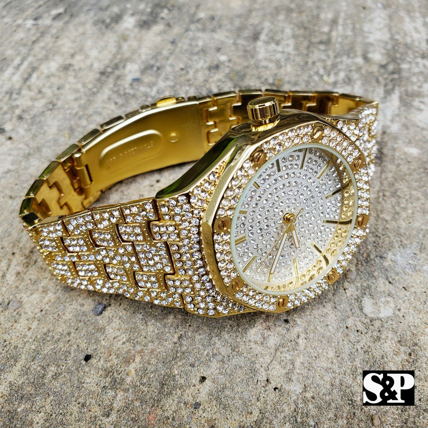 Men's Gold Plated Iced out Luxury Migos Rapper's Metal Band Dress Clubbing Watch