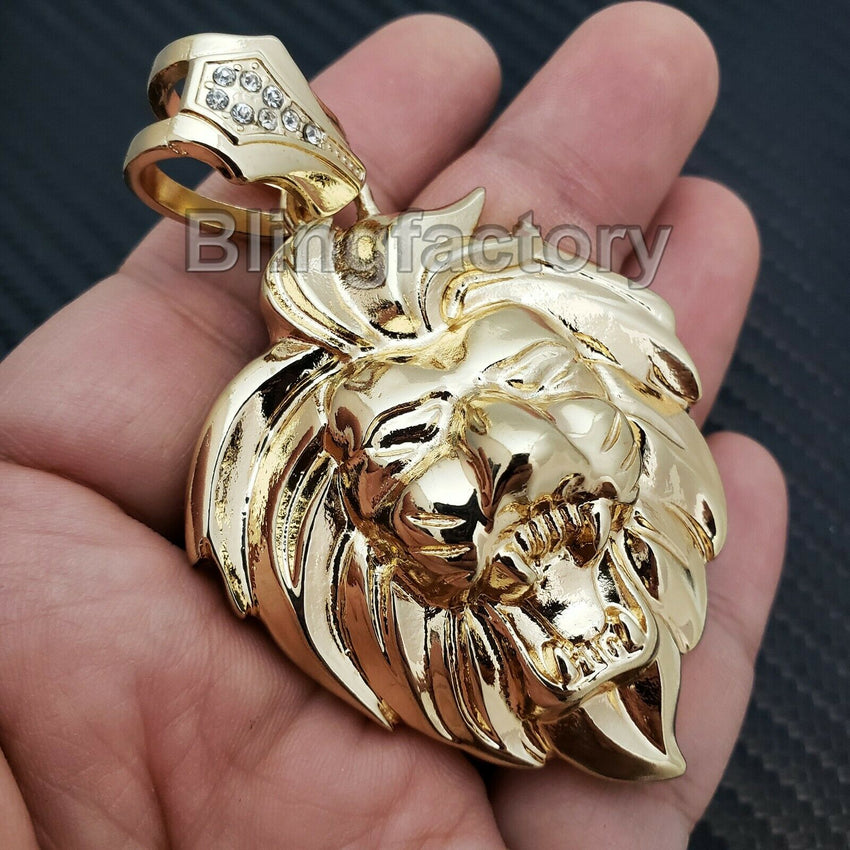 HIP HOP ICED OUT RAPPER STYLE GOLD PLATED LION HEAD LEO CHARM PENDANT