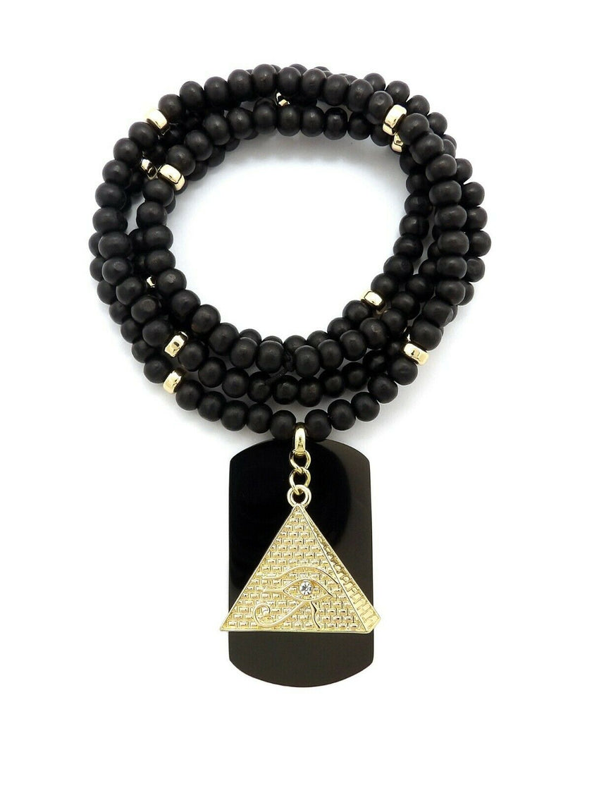 Hip Hop Iced Egyptian Pyramid & Dog Tag Pendant w/ 6mm 30" Wooden Bead Necklace