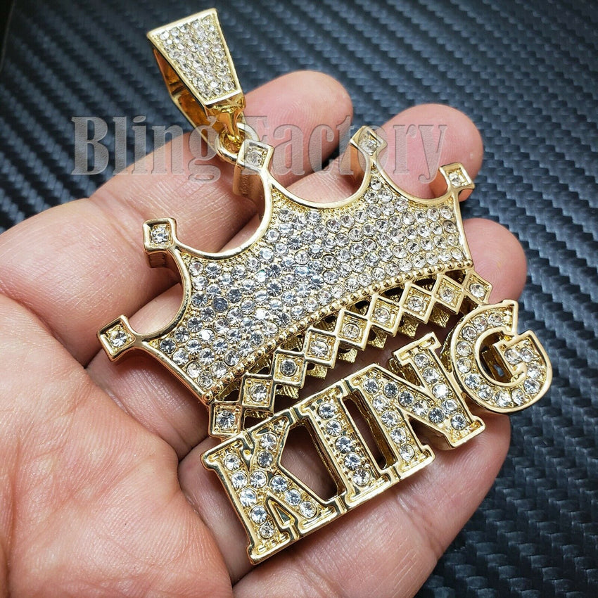 HIP HOP ICED OUT LAB DIAMOND GOLD PLATED LARGE CROWNED KING CHARM PENDANT