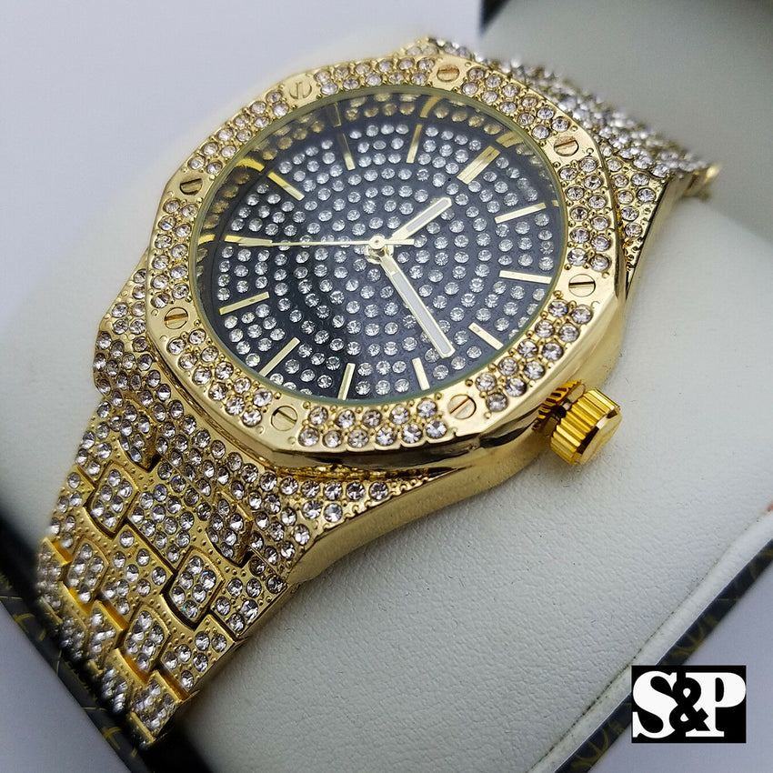 Men's Gold Plated Iced out Luxury Quavo Rapper's Metal Band Dress Clubbing Watch