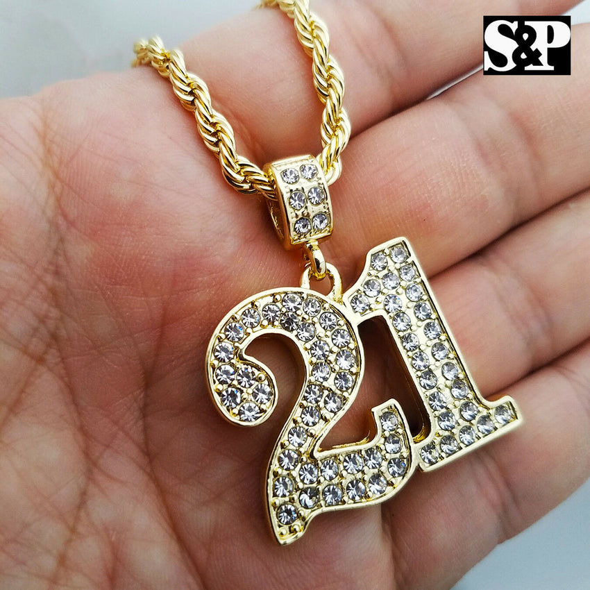 Iced Out Gold PT Hip Hop Savage 21 Pendant & 4mm 24" Rope Chain Hip Hop Necklace