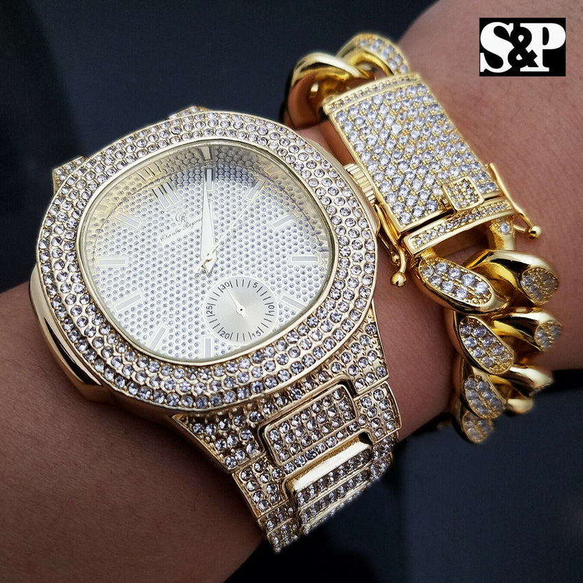 MENS HIP HOP QUAVO GOLD PT LUXURY WATCH & FULL ICED CUBAN BRACELET COMBO SET