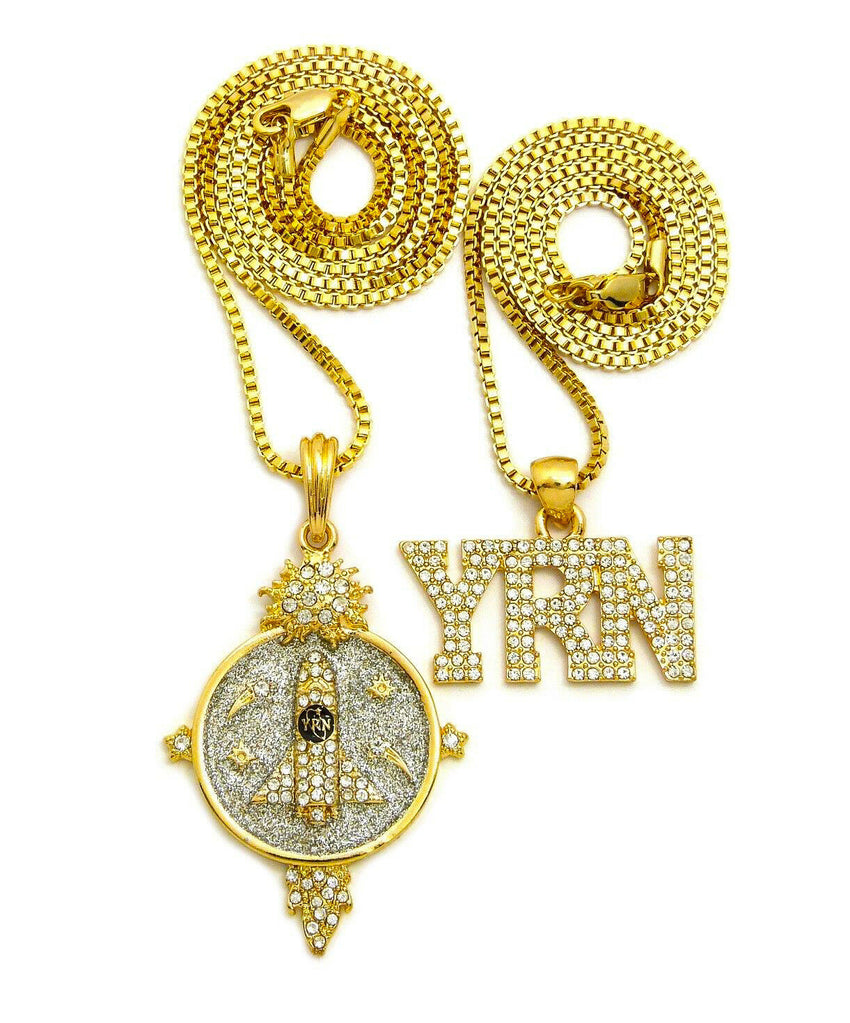 Hip Hop Iced Out Migos YRN Rocket Pendant & 24", 30" Box Chain 2 Necklace Set