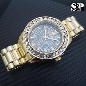 MENS ICED OUT GOLD PT CAPTAIN BLING HIP HOP BIG CZ STONES BLACK DIAL WRIST WATCH