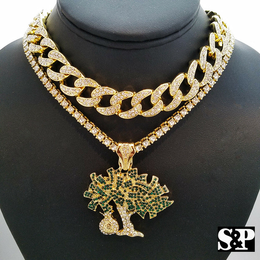 Hip Hop Money Bag Tree Charm 18" Full Iced Cuban & 1 ROW Tennis Choker Chain Set