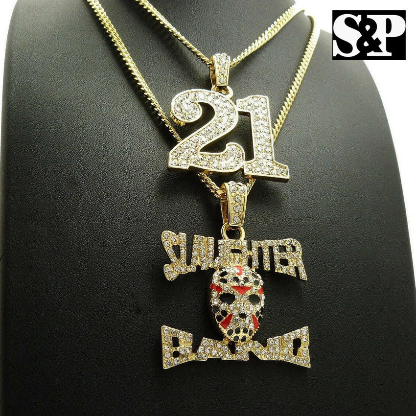 ICED OUT SAVAGE 21 & SLAUGHTER GANG PENDANT & CUBAN CHAINS HIP HOP NECKLACE SET