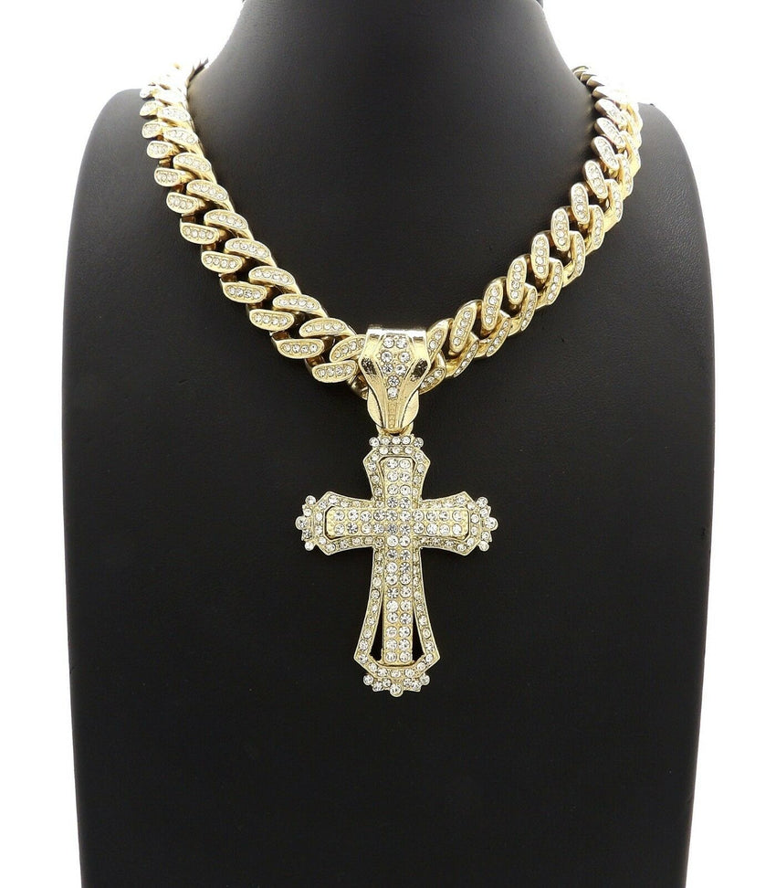 Hip Hop Cross Pendant & 12mm 18" Iced out Box Lock Cuban Choker Chain Necklace