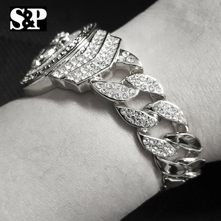 Hip Hop White Gold Plated 8.5" CZ Full Iced Out Praying Hands Cuban Bracelet