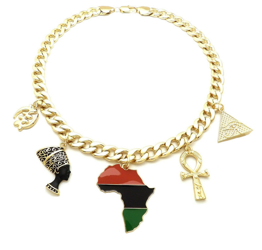 PYRAMID, NEFERTITI, ANKH, AFRICA, GYE NYAM, SEKHMET & 11mm 18" Cuban Link Chain