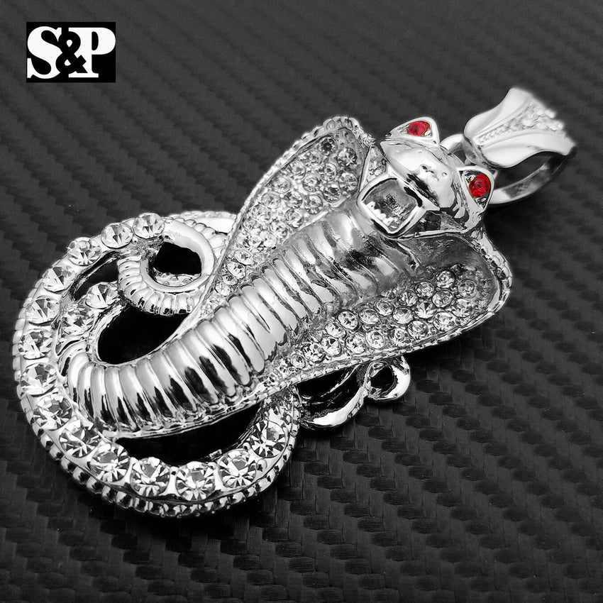 HIP HOP ICED LAB DIAMOND WHITE GOLD PLATED RAPPER LARGE COBRA SNAKE PENDANT