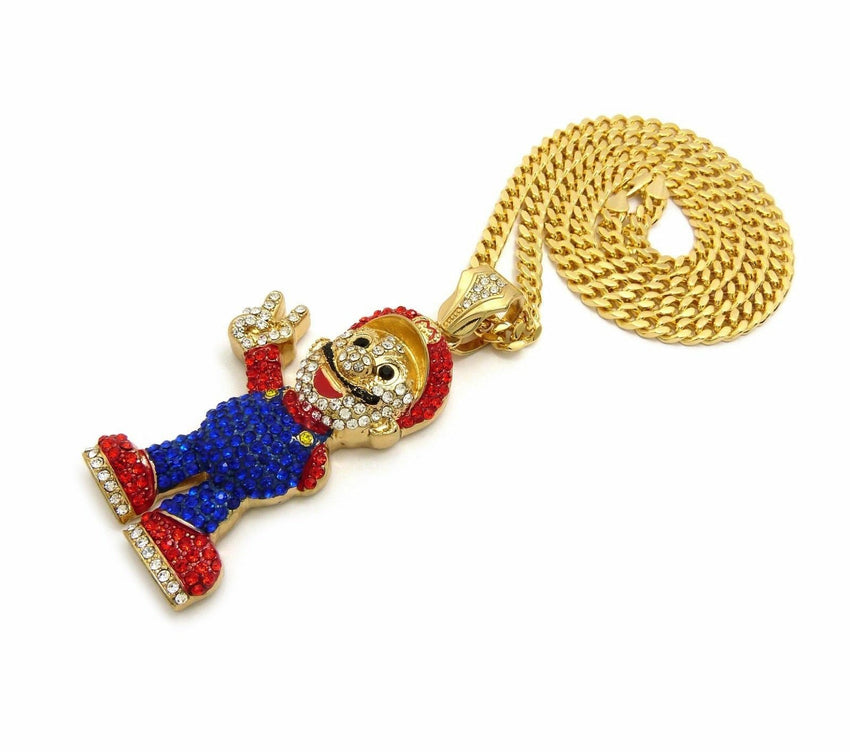 ICED OUT LAB DIAMONDS MARIO PENDANT & 6mm 30" BOX CUBAN CHAIN HIP HOP NECKLACE
