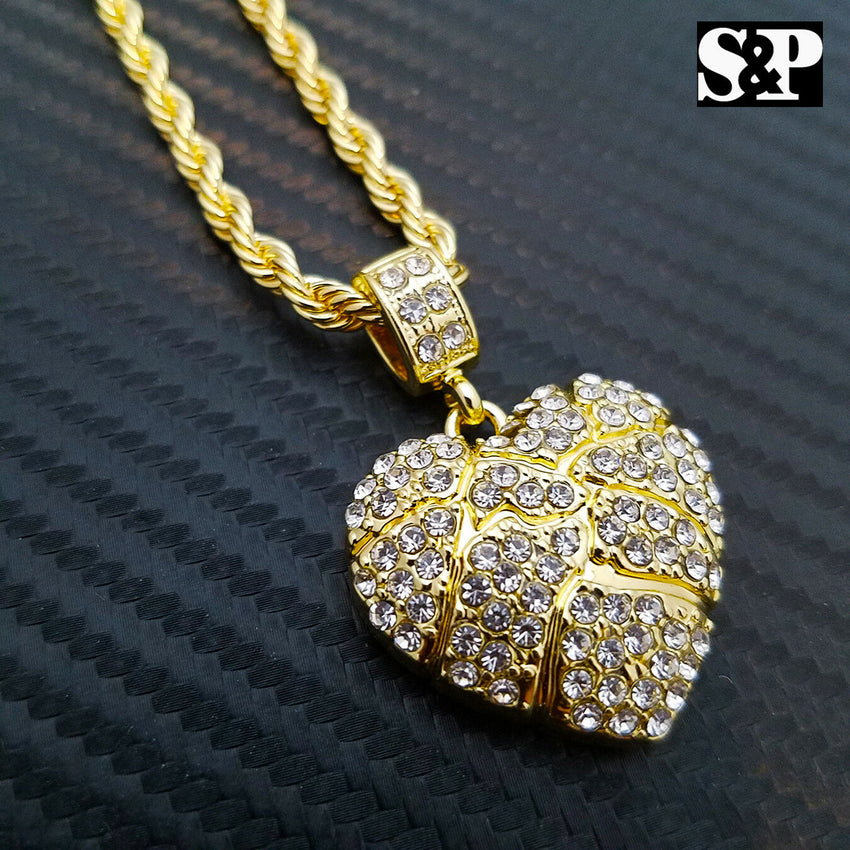 Iced Out Gold PT Golden Nugget Heart Pendant & 24" Rope Chain Hip Hop Necklace