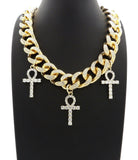 Hip Hop Iced Triple Ankh Cross Pendant & 20" Full Iced Cuban Choker Chain Necklace