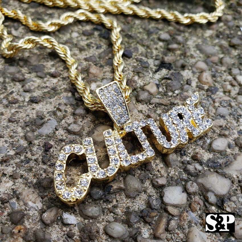 Hip Hop Iced out Lab Diamonds CULTURE Pendant & 4mm 24" Rope Chain Necklace