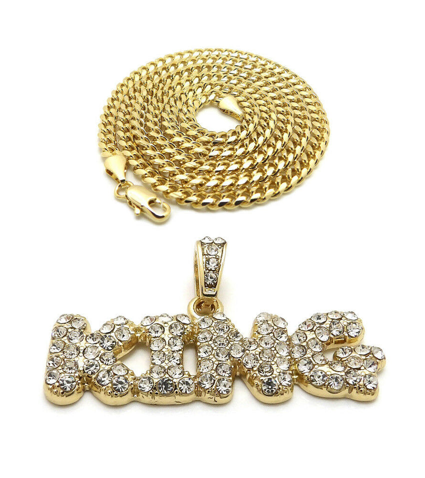 Iced Out Bubble Letter KING Pendant & 24" Box, Cuban, Rope Chain Hip Hop Necklace