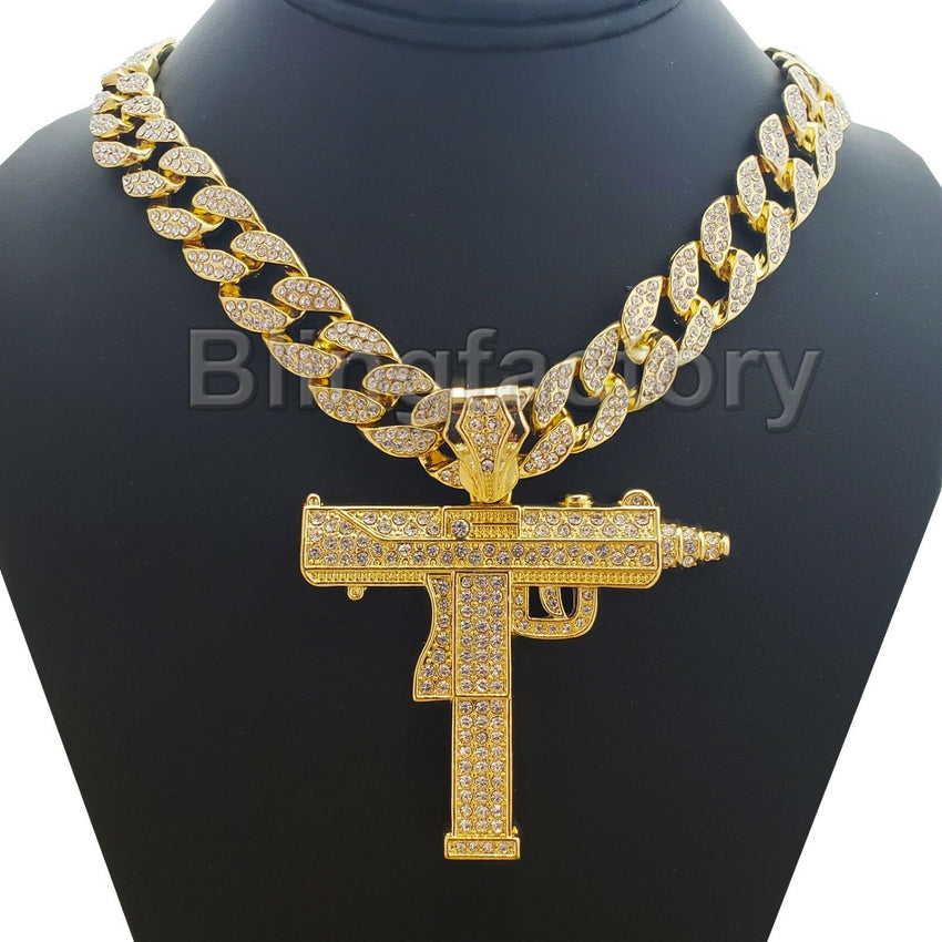 Hip Hop Gold plated Uzi Vert Machine Gun Pendant & 18" Full Iced Cuban Necklace